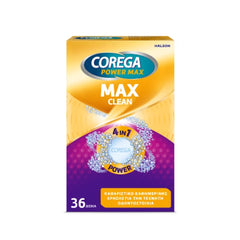 Corega Power Max Clean 4in7 Καθαριστικά Δισκία για Τεχνητές Οδοντοστοιχίες με Περισσότερο Ενεργό Οξυγόνο, 36tabs
