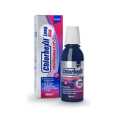 Intermed Chlorhexil Long Use Στοματικό Διάλυμα Χλωρεξιδίνης 0,2% 250ml. Αποτρέπει τον αποχρωματισμό των δοντιών, εξουδετερώνει την οδοντική μικροβιακή πλάκα, προστατεύει τα δόντια & τα ούλα.