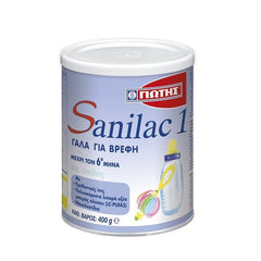 Γιώτης Sanilac 1 Γάλα για Βρέφη μέχρι τον 6ο Μήνα σε Σκόνη 400g. Εμπλουτισμένο με όλες τις απαραίτητες βιταμίνες και τα μεταλλικά στοιχεία που είναι απαραίτητα για την ευαίσθητη αυτή ηλικία (0-6 μηνών).