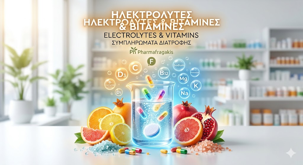 Συμπληρώματα διατροφής με βιταμίνες και ηλεκτρολύτες στο Pharmafragakis. Απεικόνιση με αναβράζοντα δισκία, φρέσκα φρούτα και μέταλλα για ενέργεια και ενυδάτωση.