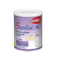 Γιώτης Sanilac AC Γάλα για Βρέφη σε Σκόνη 400g. Ανακουφίζει τα βρέφη από τους κολικούς, τους μετεωρισμούς και τις διάρροιες, κατάλληλο από τη γέννηση και μετά.