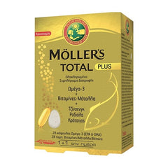 Moller's Total Plus Ολοκληρωμένο Συμπλήρωμα Διατροφής με Ωμέγα-3 28Caps + Βιταμίνες - Μέταλλα, Τζίνσεγκ, Ροδιόλα & Κράταιγός 28 Ταμπλέτες.